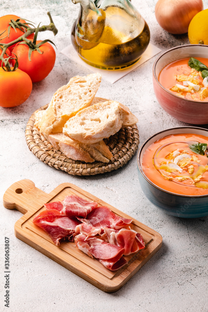 Salmorejo Soup With Ham And Eggs In A Bowl