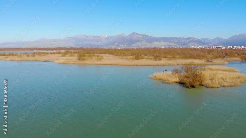 Calm lake with shallow lagoon washing dry reeds, high mountains under clear blue sky background Calm lake with shallow lagoon washing dry reeds, high mountains under clear blue sky background