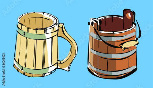Vector set of empty wooden objects on a blue background. Mug and bucket.