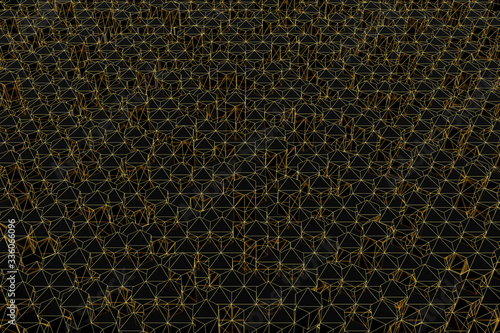 Abstract futuristic low poly background from black triangles with a luminous gold grid. Minimalist Black 3D rendering