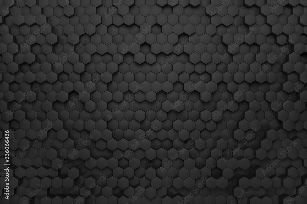 3d render volumetric background from black hexagons. Abstract black background
