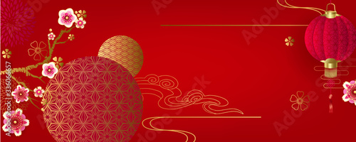 Chinese floral festive background for holiday design with lanterns