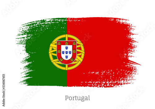 Portugal official flag in shape of paintbrush stroke. Portuguese national identity symbol. Grunge brush blot object isolated on white background vector illustration. Portugal country patriotic stamp.
