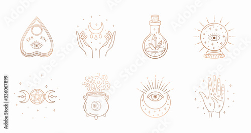 Mystic boho logo, design elements with moon, hands, star, eye, crystal bottle, ball future. Vector magic symbols isolated on white background