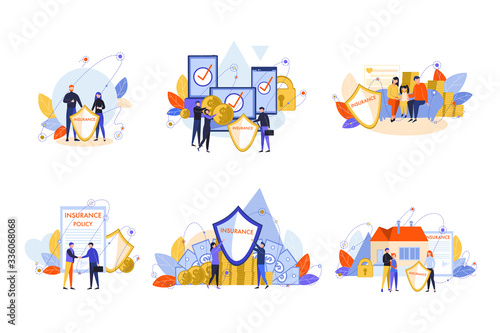 House, family, health, electronic device, insurance policy set concept