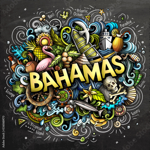 Bahamas hand drawn cartoon doodles illustration. Funny travel design.