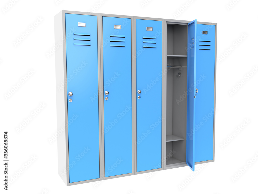Row of blue metal gym lockers with one open door. 3d rendering illustration Row of blue metal gym lockers with one open door. 3d rendering illustration