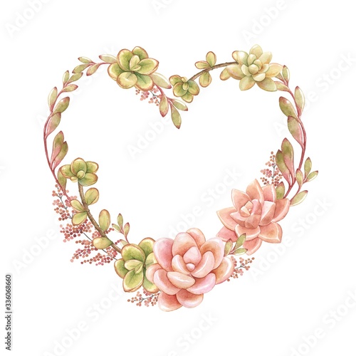 Wreath of watercolor succulents in the form of heart, vector frame, illustration in vintage style.
