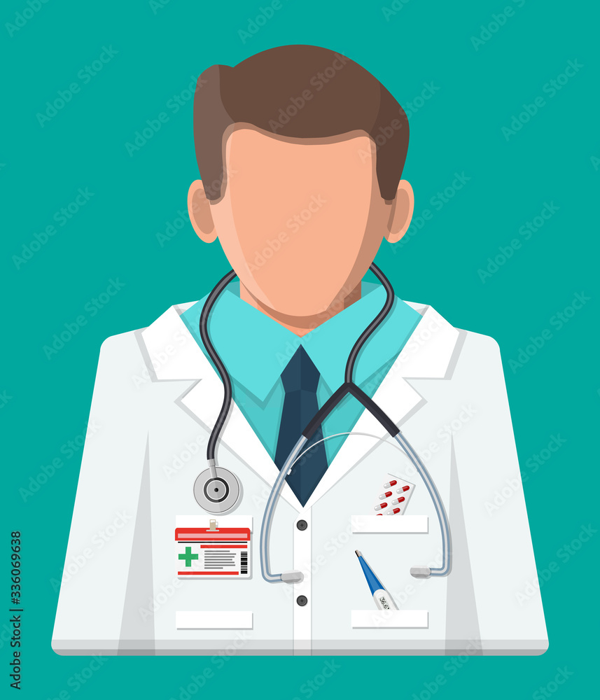 Doctor in white coat with stethoscope. Medical suit with different pills and medical devices in pockets. Healthcare, hospital and medical diagnostics. Vector illustration in flat style Doctor in white coat with stethoscope. Medical suit with different pills and medical devices in pockets. Healthcare, hospital and medical diagnostics. Vector illustration in flat style