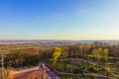 Beautiful view from the Tadeusz Kosciuszko mound in Krakow, Poland. Selective focus. Kosciuszko mound is city landmark from 1823, dedicated to Polish and American military hero Tadeusz Kosciuszko
