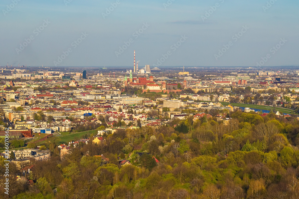 Beautiful view from the Tadeusz Kosciuszko mound in Krakow, Poland. Selective focus.
Kosciuszko mound is city landmark from 1823, dedicated to Polish and American military hero Tadeusz Kosciuszko
