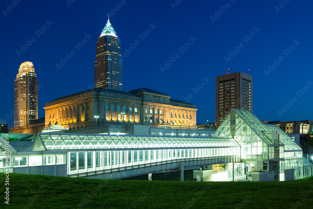 Skyline of downtown with subway station and City Hall, Cleveland, Ohio, United States