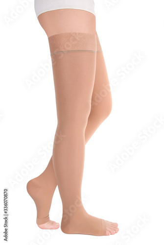 Open toe stockings. Compression Hosiery. Medical stockings, tights, socks, calves and sleeves for varicose veins and venouse therapy. Clinical knits. Sock for sports isolated on white background