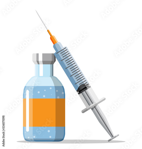 Ampoule and syringe with medicament. Vaccination concept. Injection syringe needles. Medical equipment. Healthcare, hospital and medical diagnostics. Vector illustration in flat style
