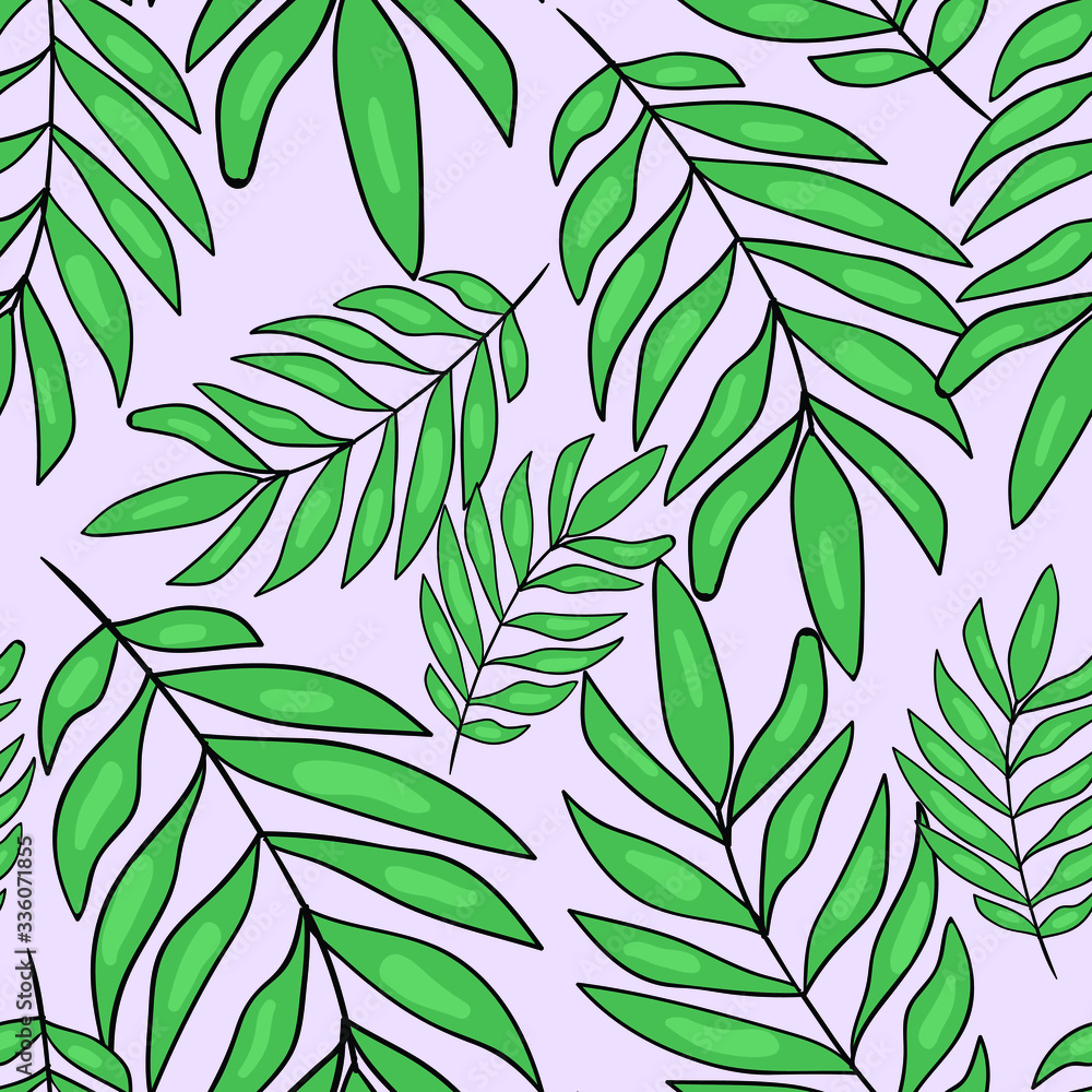 Naklejka premium Seamless vector pattern with green leaves on pink background. Wallpaper, fabric and textile design. Good for printing. Cute wrapping paper pattern with fresh green leaves.