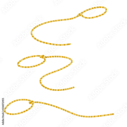 Lasso. Rope for catching animals. Element of cowboy and wild West. Long loop. Brown rustic cord. Cartoon flat illustration isolated on white