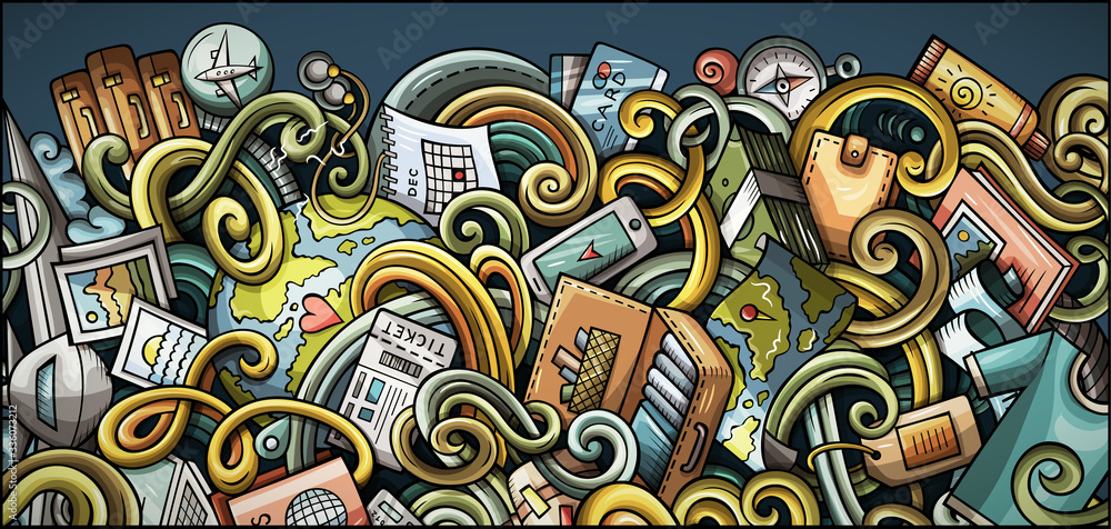 Fototapeta premium Travel hand drawn doodle banner. Cartoon detailed flyer.