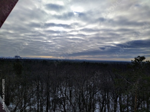 Aerial panoramic view of snowy forest and city