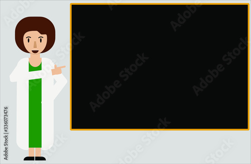 Image on gray background copy space texture graphic creative doctor scientist nurse cartoon kid vector graphic uniform hospital lab or laboratory.Female is pointing finger on hand left on backboard   photo