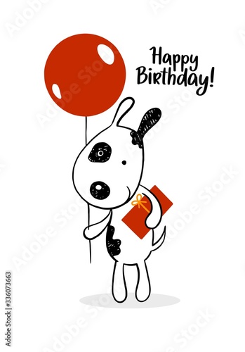 Funny hand drawn dog with a red balloon and present. Happy birthday flat vector illustration with text for gift cards