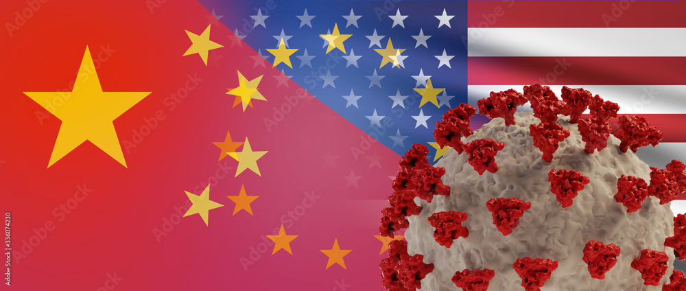 flags of China America and Europe combined Coronavirus. 3d-illustration flags of China America and Europe combined Coronavirus. 3d-illustration