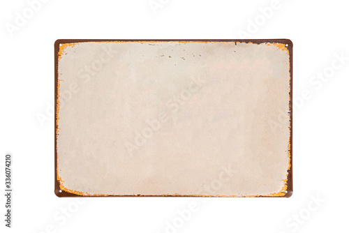 Vintage metal sheet banner with white background and rusted edge isolate on white background