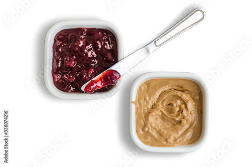 Peanutbutter and strawberry jelly isolated on white background