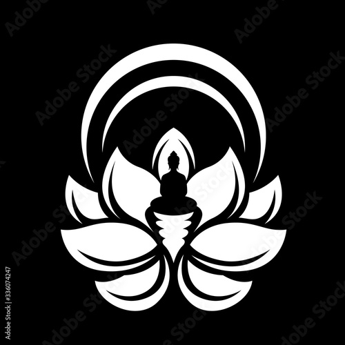 white Buddha Meditate in lotus flower sign on black background vector design