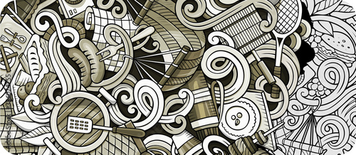 Picnic hand drawn doodle banner. Cartoon detailed flyer.