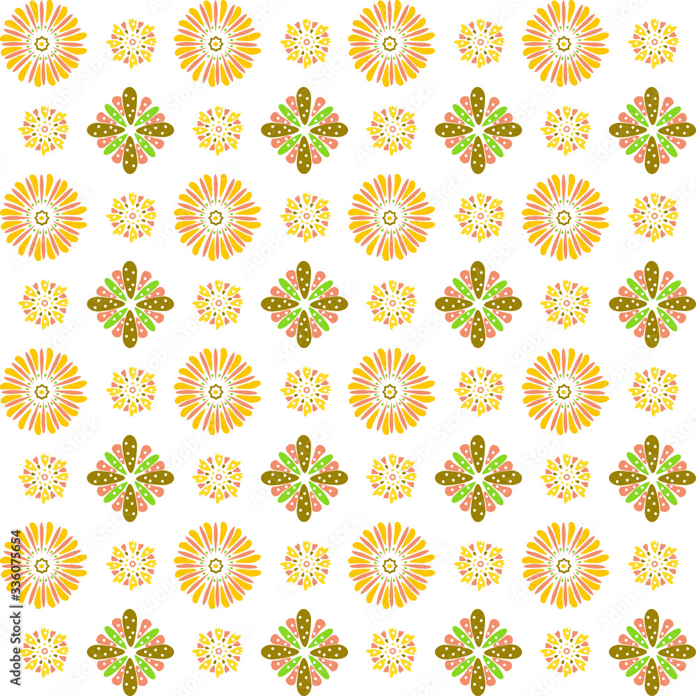 Seamless pattern of three unique shapes of petals of green red brown and yellow with speckled white peas Seamless pattern of three unique shapes of petals of green red brown and yellow with speckled white peas