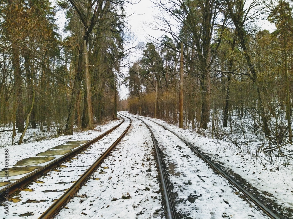 Fototapeta premium Tram rails in snowy winter forest