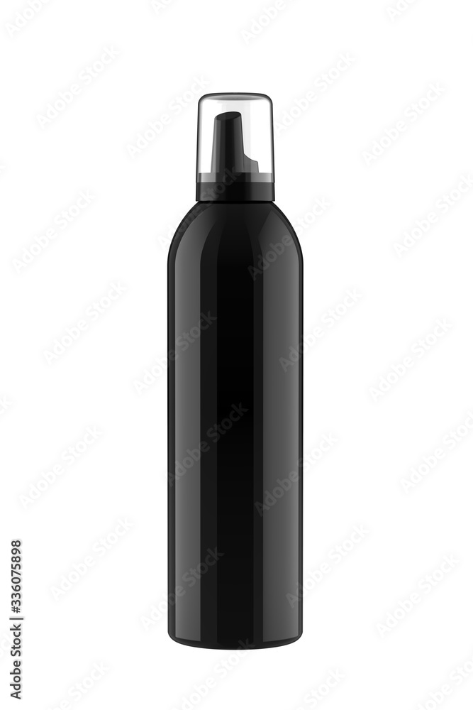 Black Hair Mousse Container with Transparent Cap. 3D Render Isolated on White. Black Hair Mousse Container with Transparent Cap. 3D Render Isolated on White.