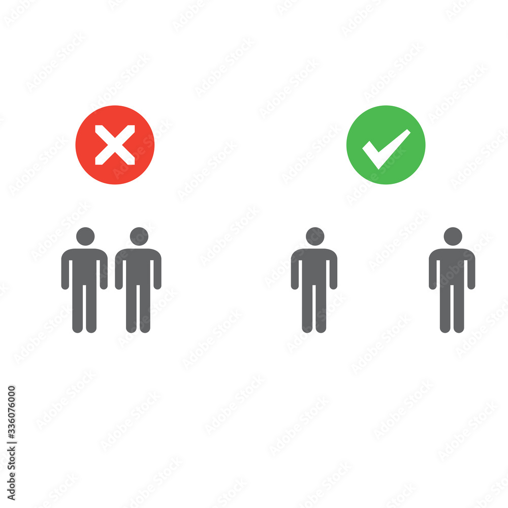 Social distancing pictogram. Two examples of human figures standing straight close and far away from each other. Right and wrong demonstration. Separation sign. Personal space. Sickness prevention. Social distancing pictogram. Two examples of human figures standing straight close and far away from each other. Right and wrong demonstration. Separation sign. Personal space. Sickness prevention.