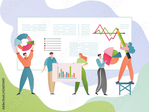 Business data analysis vector illustration. People cartoon characters analyse statistic information. Analytical research concept. Man and woman with chart, diagram. Flat style. Big screen with datum.