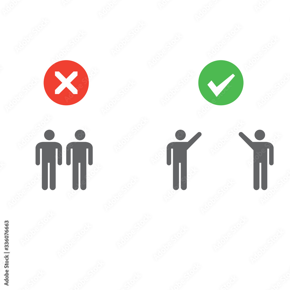 Social distancing pictogram. Two examples of human figures standing straight close and far away from each other. Right and wrong demonstration. Separation sign. Personal space. Sickness prevention. Social distancing pictogram. Two examples of human figures standing straight close and far away from each other. Right and wrong demonstration. Separation sign. Personal space. Sickness prevention.