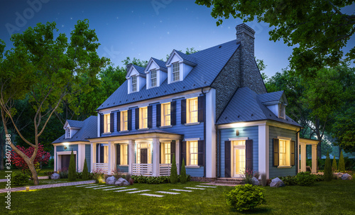 Photography 3d rendering of modern cozy classic house in colonial style with garage and pool for sale or rent with beautiful landscaping on background