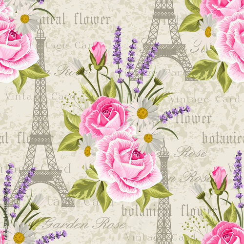 Seamless floral pattern with Eiffel towers on vintage postcard background. Vector illustration