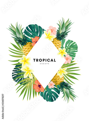 Green summer tropical background with exotic monstera palm leaves, pineapples, plumeria and hibiscus flowers. Vector floral background. Party flyer, invitation or banner template.