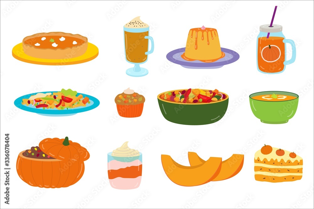 Cartoon pumpkin food, dessert, vector illustration. Set of flat stickers isolated on white. Vegetarian delicious pumpkin meal, soup and salad, kraft cupcakes and pie, healthy drinks. Vegan lunch. Cartoon pumpkin food, dessert, vector illustration. Set of flat stickers isolated on white. Vegetarian delicious pumpkin meal, soup and salad, kraft cupcakes and pie, healthy drinks. Vegan lunch.