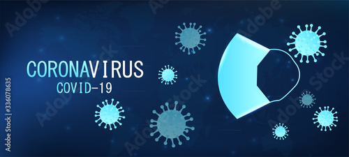 Protective face mask. Low poly wireframe style. Protection against viruses, bacteria, smog. Symbol of protection against the flu. Polygonal abstract isolated on blue background. Vector