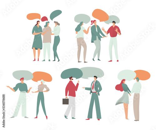 People talk, dialogue, chats. Vector illustration with flat cartoon people characters and empty speech bubbles isolated on white for social networks, business. Chat, communication, comment, dialog.