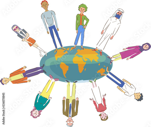 地球に立つ様々な国の人たち　イラスト
