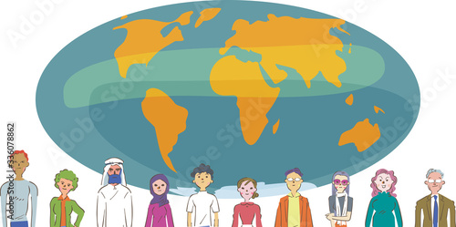 地球に立つ様々な国の人たち　イラスト
