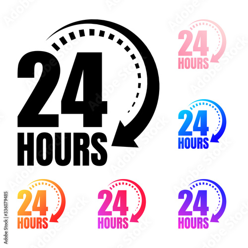 Twenty-four hours are open or open around the clock. Colored icons. A 24-hour icon to complete an order or delivery. Vector illustration of the time. Website UI 24 Hours Flat Vector Icon Sign.