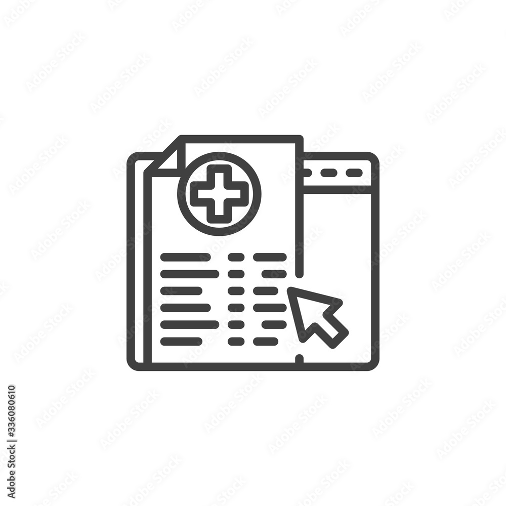 Online medical test line icon. linear style sign for mobile concept and web design. Website with Medical prescription outline vector icon. Distance internet medicine symbol, logo illustration. Online medical test line icon. linear style sign for mobile concept and web design. Website with Medical prescription outline vector icon. Distance internet medicine symbol, logo illustration.