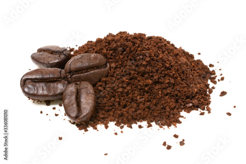 Ground coffee (Coffee powder) and coffee beans isolated on white background.