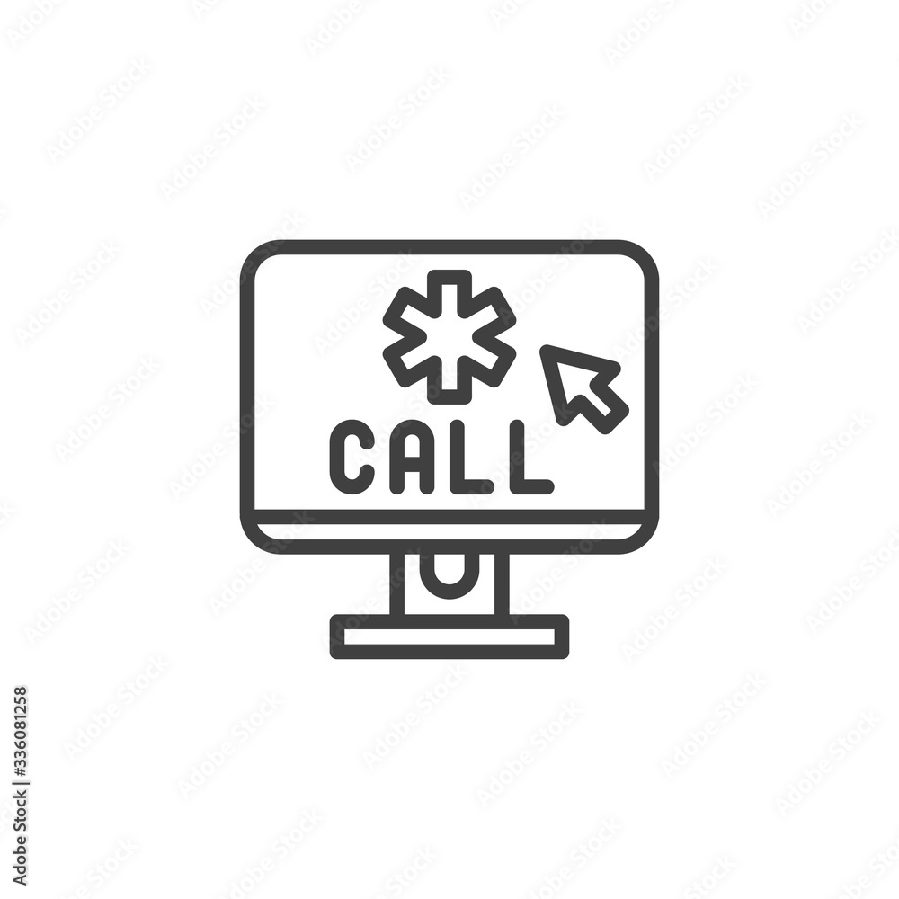 Online pharmacy call line icon. linear style sign for mobile concept and web design. Drugstore call display outline vector icon. Symbol, logo illustration. Vector graphics Online pharmacy call line icon. linear style sign for mobile concept and web design. Drugstore call display outline vector icon. Symbol, logo illustration. Vector graphics
