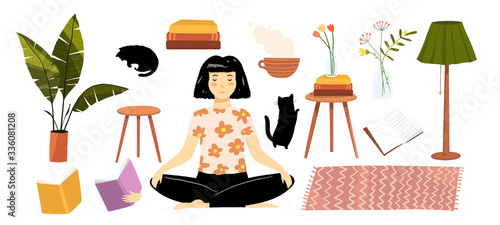 Woman at home, plants, books and furniture elements design collection. Reading and relaxing, apartment isolated objects. Vector hand drawn flat drawing.