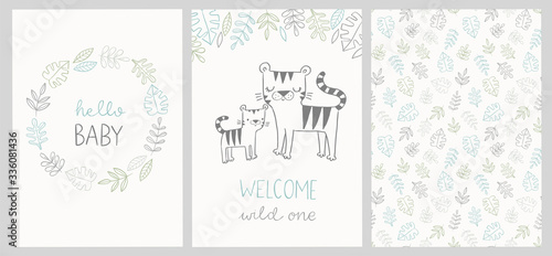 Set of cute baby shower cards and jungle pattern with tiger, tropical leaves, wreath and hand lettered phrases - hello baby, welcome wild one. For invitations, greeting cards, posters