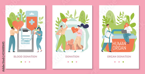 Donation banner card vector illustration. People donating blood, human organ. Donate and help others, charity and care concept. Man and woman volunteer giving heart, support. Doctor cartoon character.